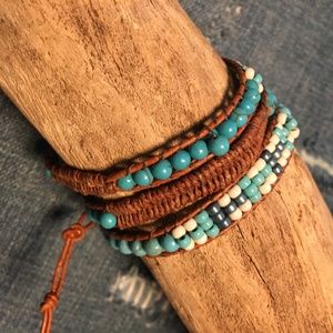 Boho seed bead,turquoise beads and leather wrap bracelet